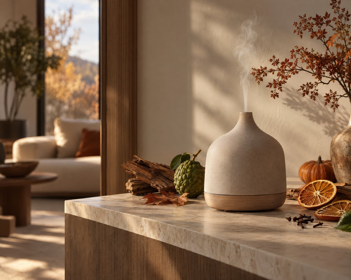 Pumpkin spice essential oil blend with natural fall botanicals in a warm autumn home