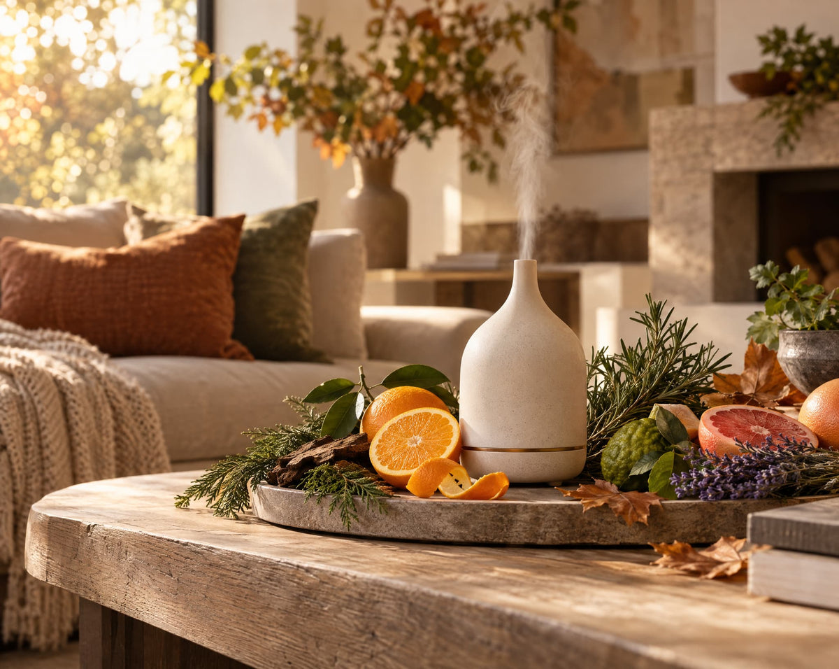 Cinnamon-free fall diffuser blends with cedarwood, orange, bergamot and autumn botanicals
