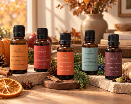 Chandeau fall scents for the home including Pumpkin Spice, Autumn Air, Cozy Cabin, Warm Baked Cider and Spiced Chai Latte