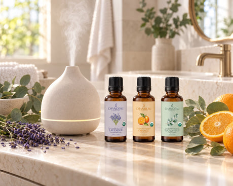 Eucalyptus, lavender and orange essential oils for a bathroom diffuser