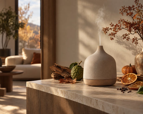 Pumpkin spice essential oil blend with natural fall botanicals in a warm autumn home