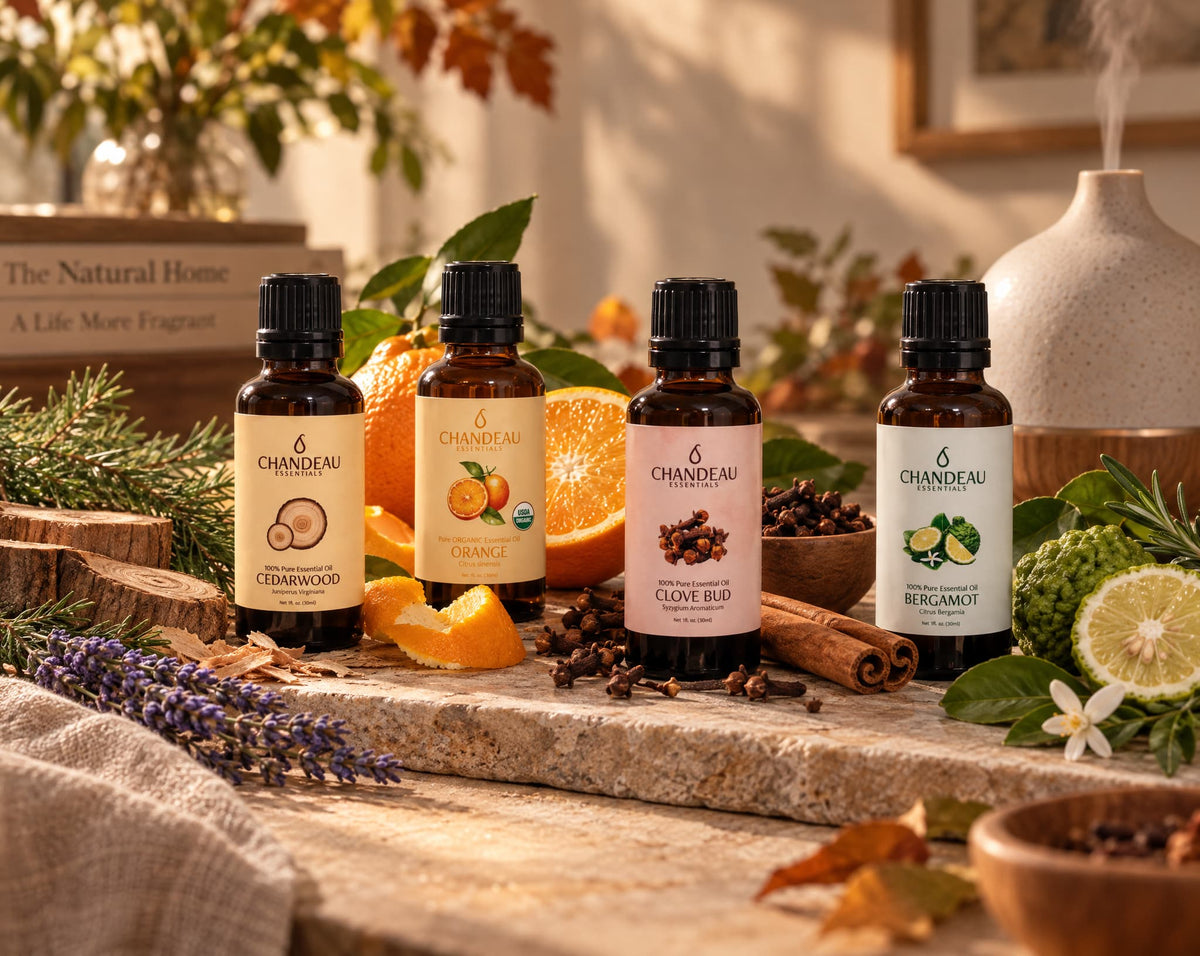 Chandeau essential oils for fall with cedarwood, orange, clove and autumn botanicals