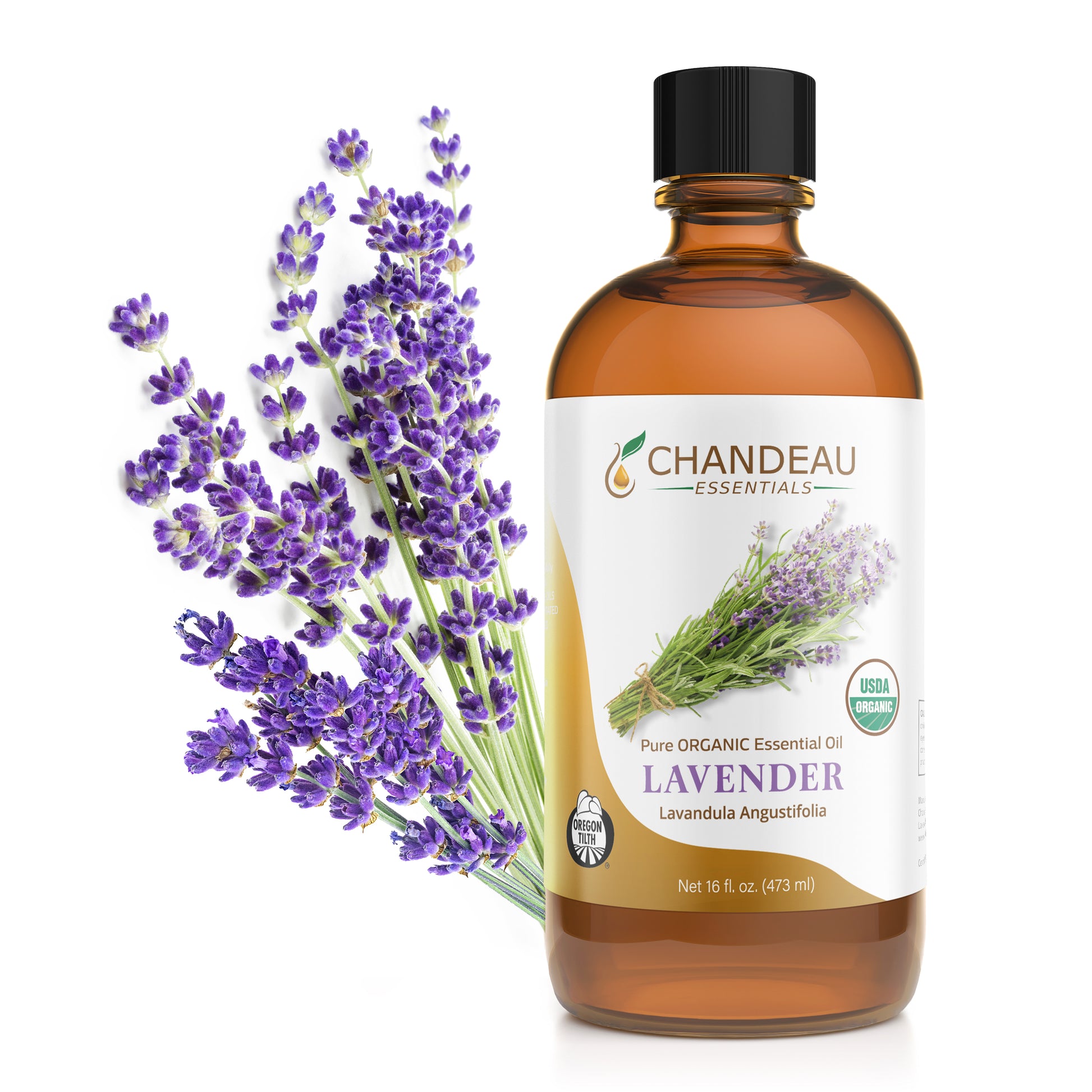 A bottle of Chandeau Essentials  100% Pure USDA Certified Organic Lavender Essential Oil with a label showing the brand name, product name, and an image of lavender flowers. A bundle of fresh lavender flowers is also visible next to the bottle.